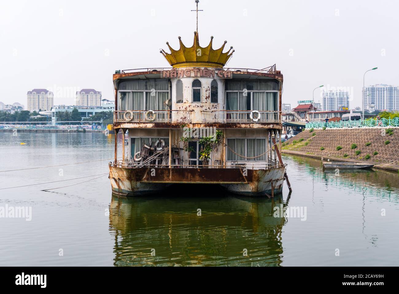 Old abandoned barge on the west lake in Hanoi Stock Photo