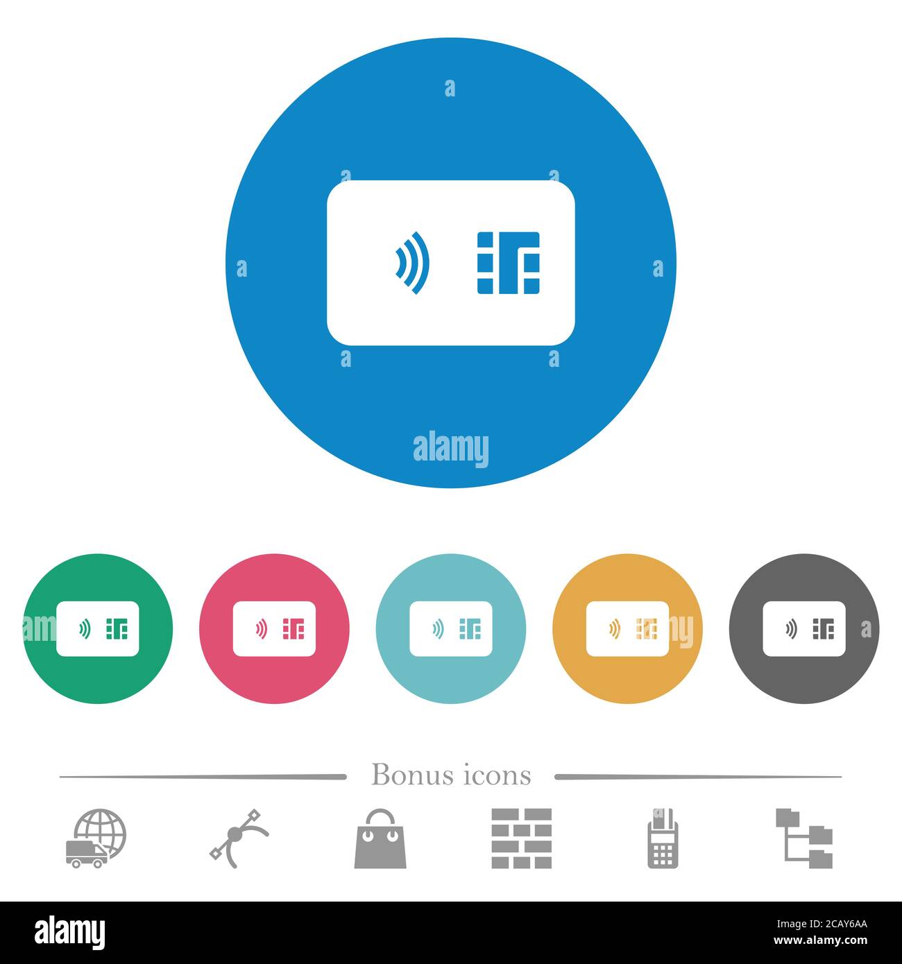 NFC chip card flat white icons on round color backgrounds. 6 bonus ...