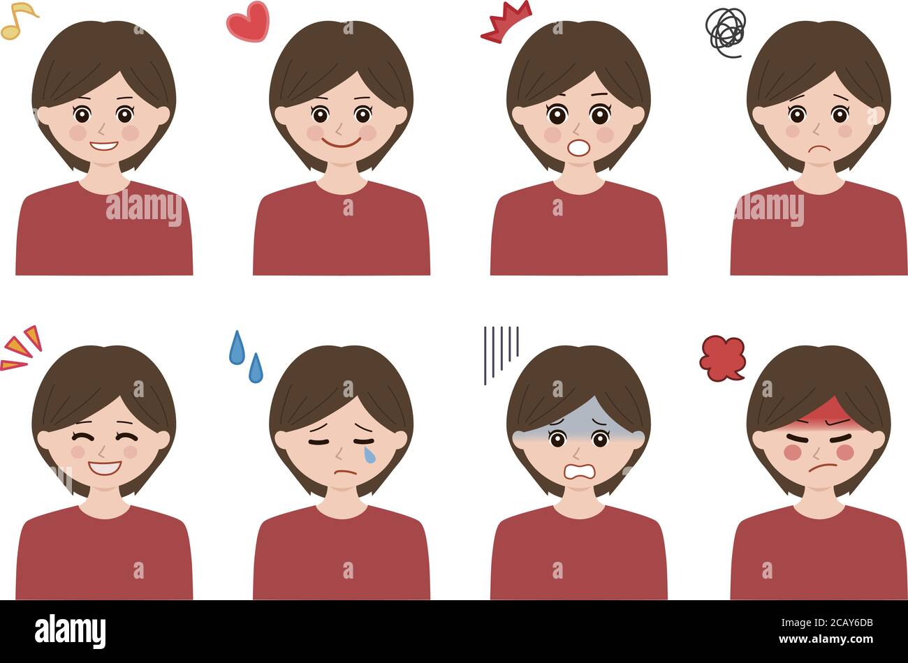 Set of facial expression. Woman's emotions with short hair. Vector illustration isolated on white background. Stock Vector