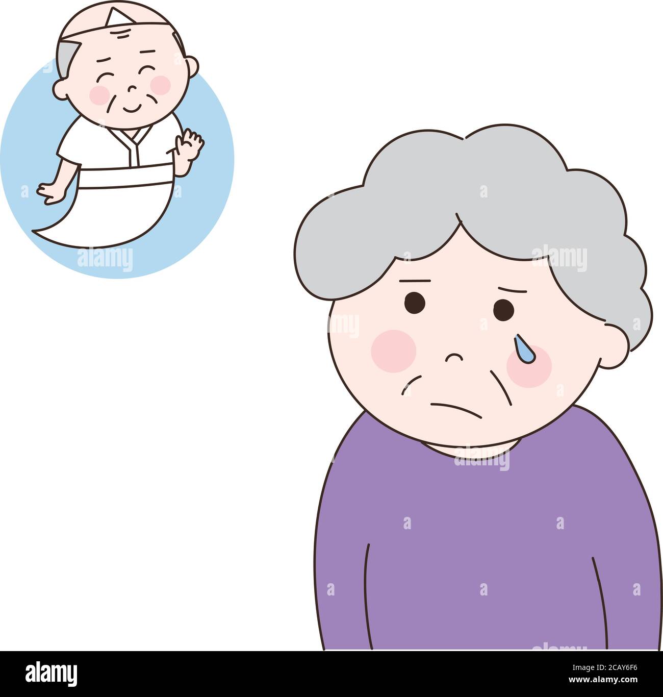 Elderly woman reminiscing about her late husband. Vector illustration isolated on white background. Stock Vector