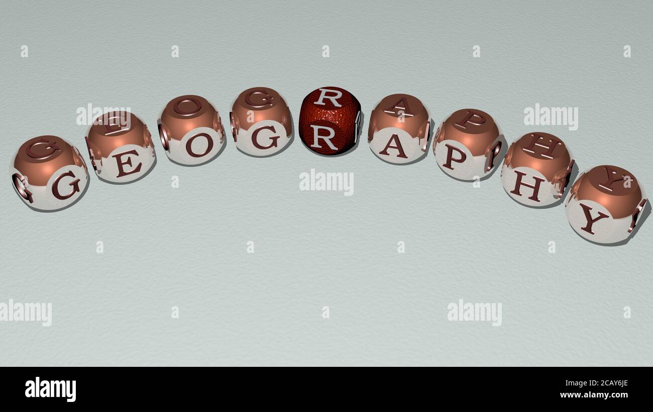 geography curved text of cubic dice letters. 3D illustration. map and