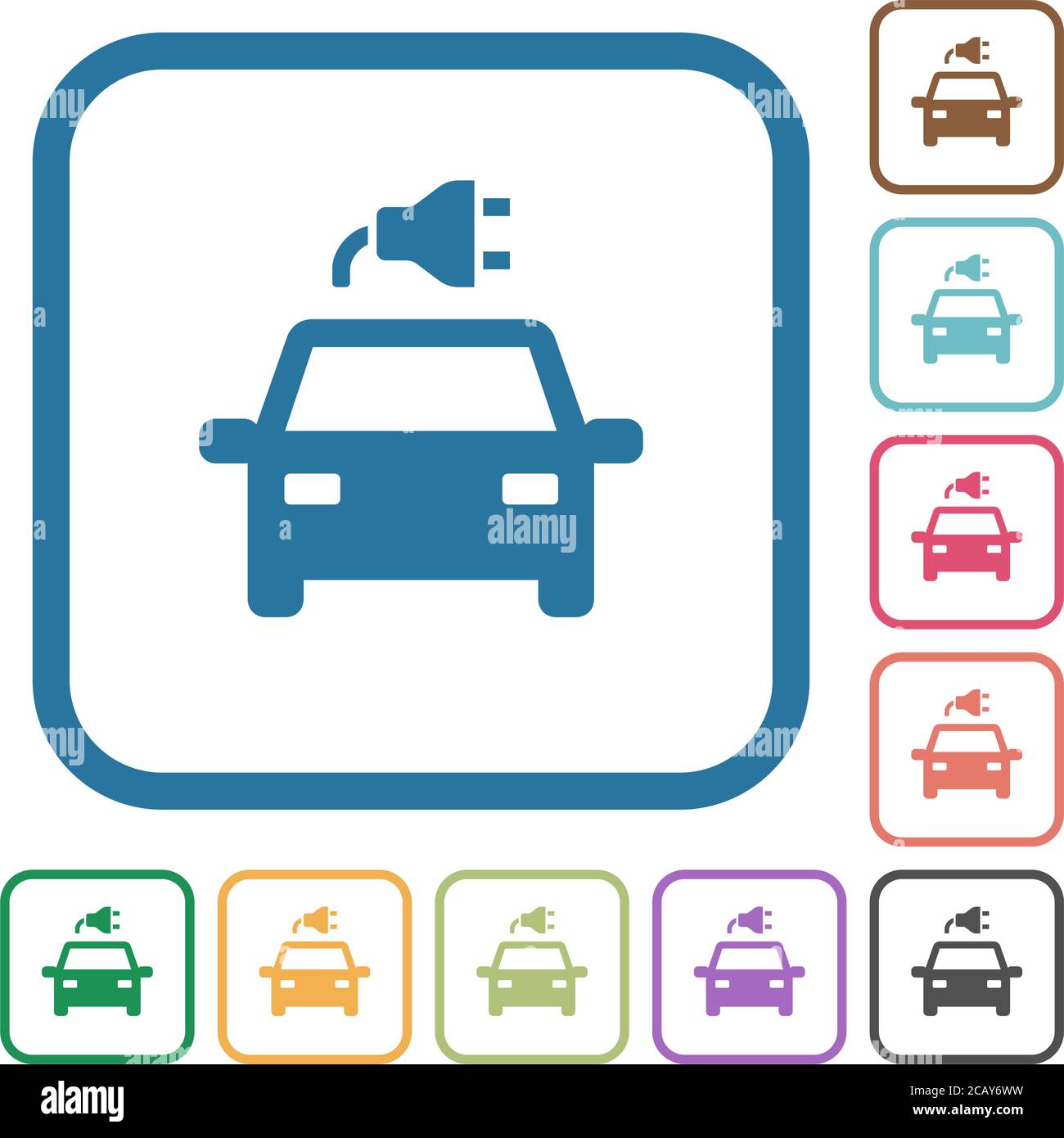 Electric car with connector simple icons in color rounded square frames ...