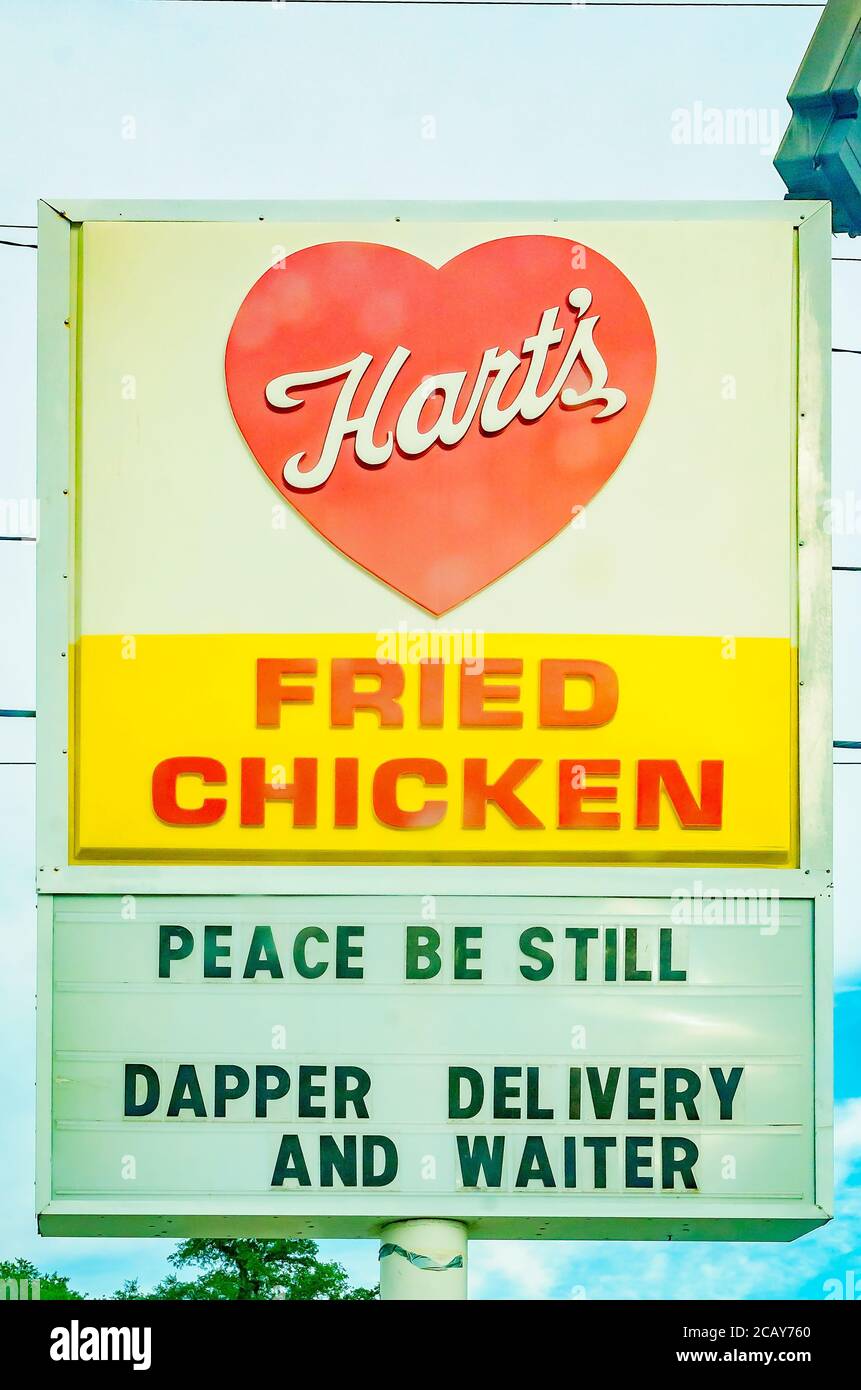 Hart’s Fried Chicken advertises their cooperation with local delivery companies Dapper Deliveries and Waitr, Aug. 8, 2020, in Mobile, Alabama. Stock Photo
