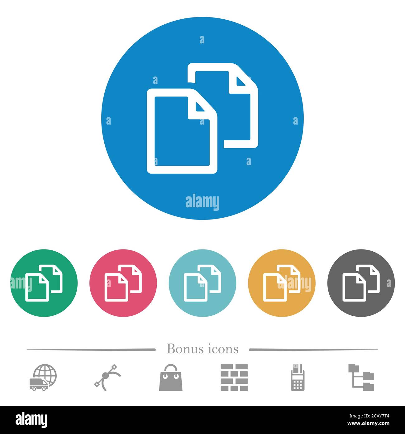 Copy document flat white icons on round color backgrounds. 6 bonus ...
