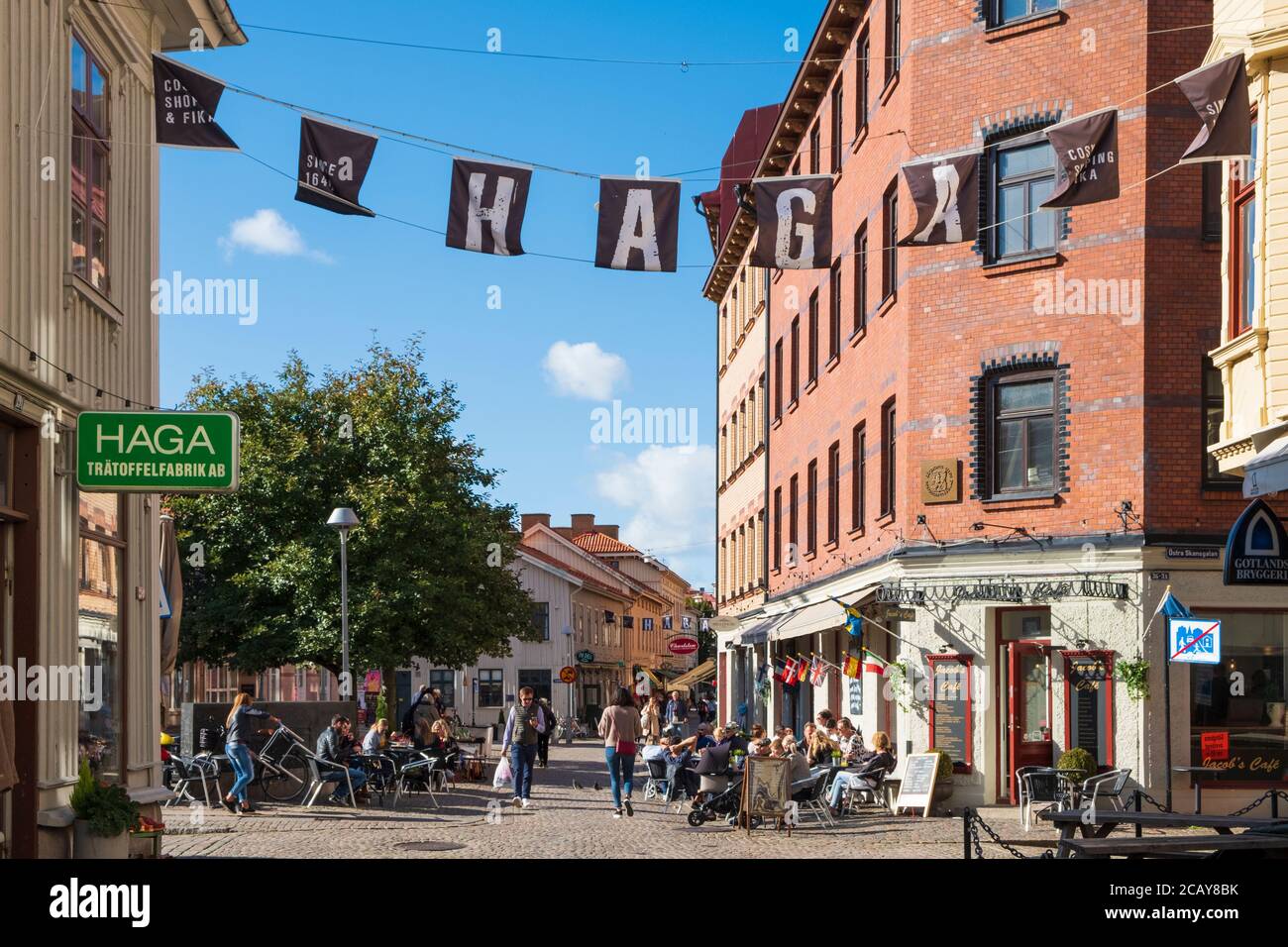 People and cafes downtown, Gothenburg, Sweden Stock Photo