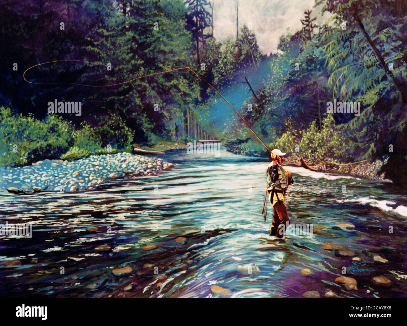 man fly-fishing on a river Stock Photo