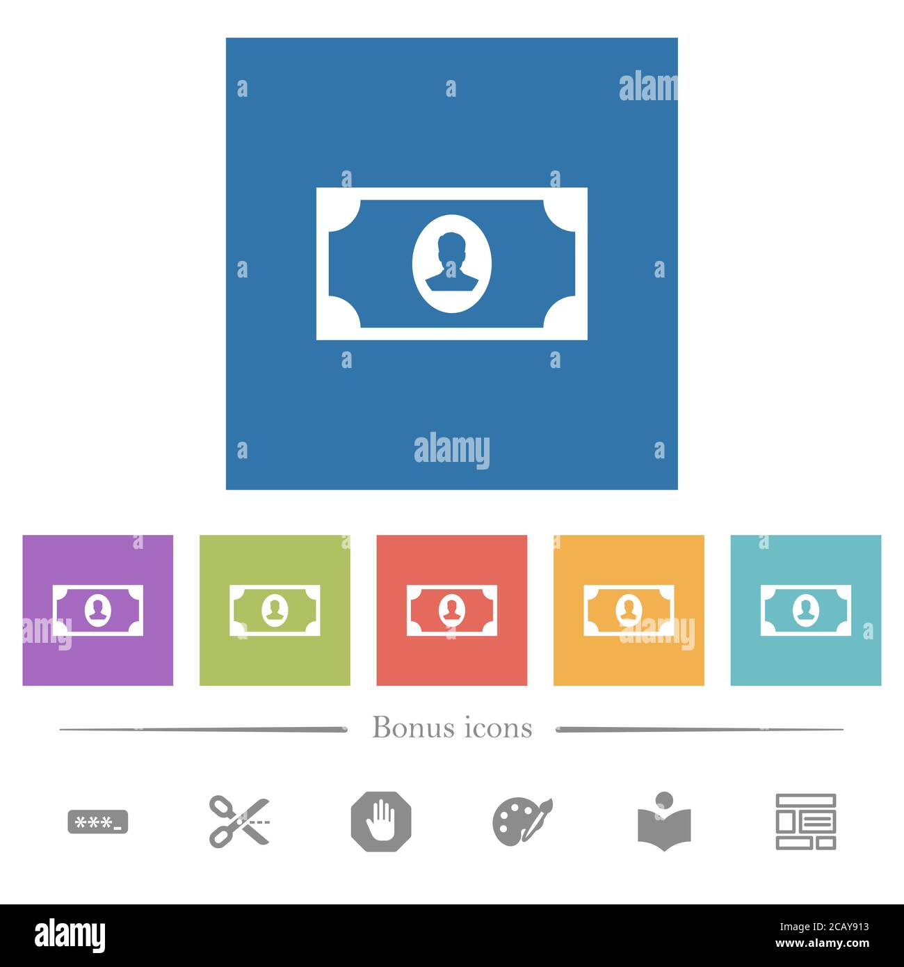 Single banknote with portrait flat white icons in square backgrounds. 6 ...