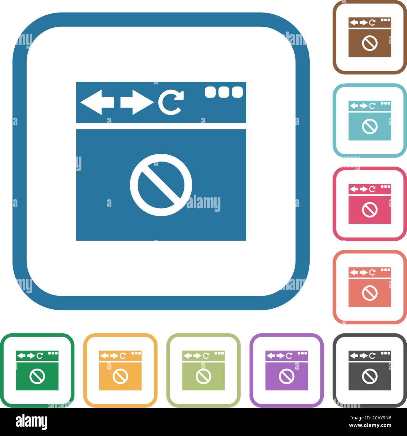 Browser disabled simple icons in color rounded square frames on white ...