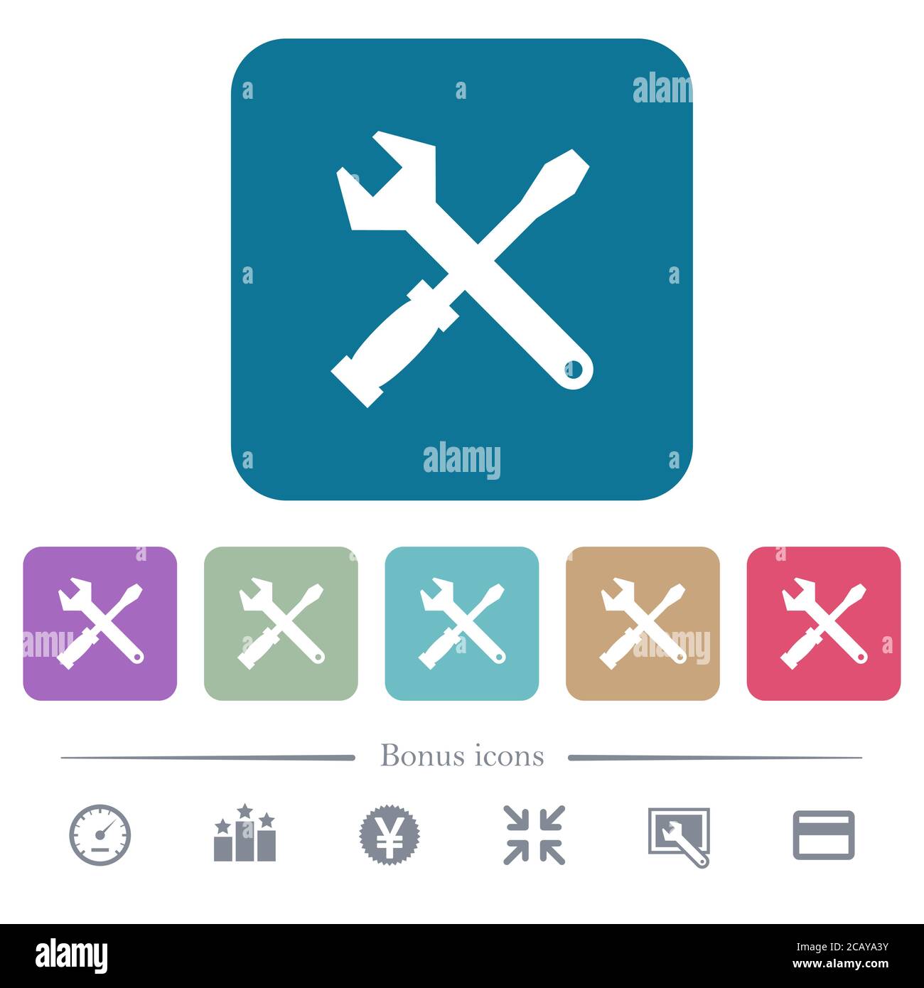 Tool kit white flat icons on color rounded square backgrounds. 6 bonus ...