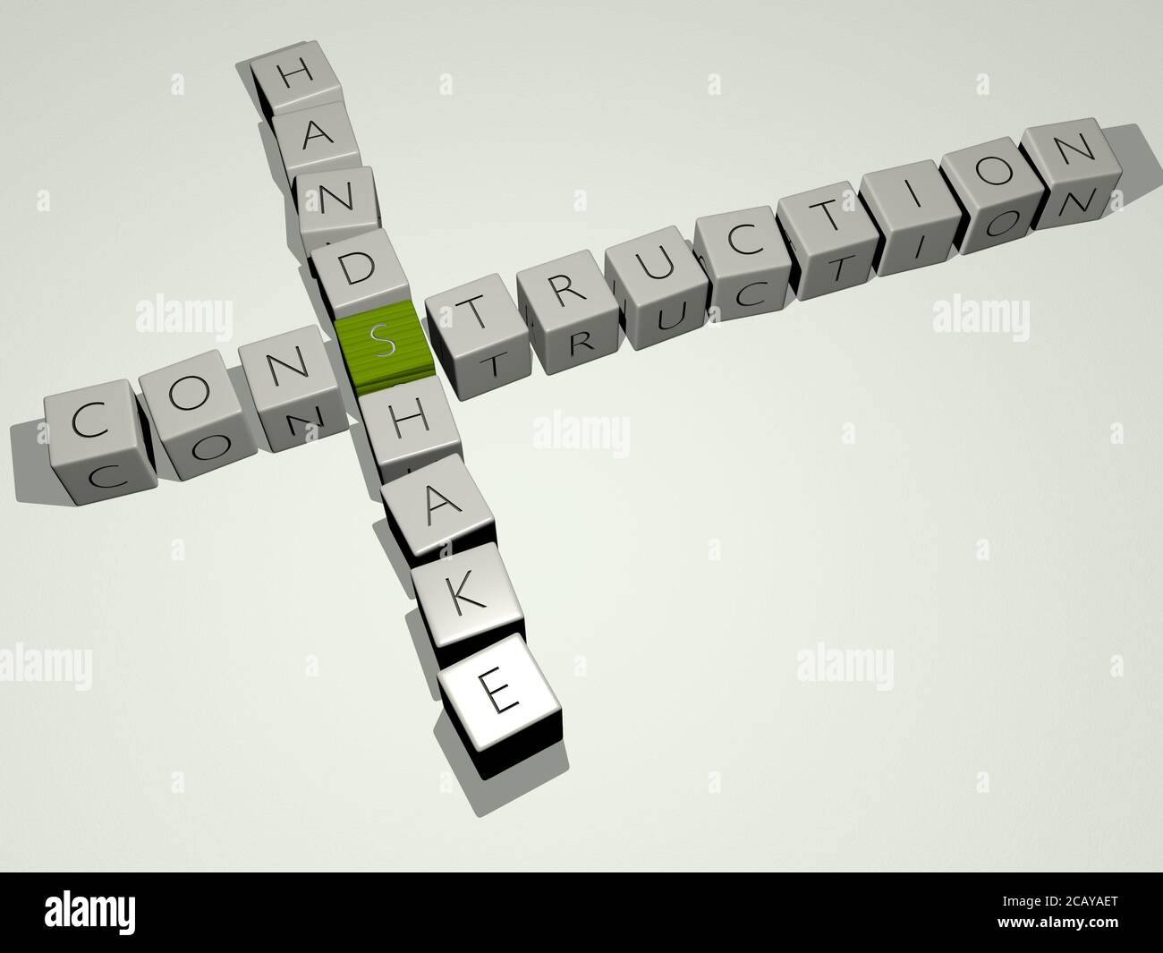 construction handshake crossword by cubic dice letters. 3D illustration. background and building
