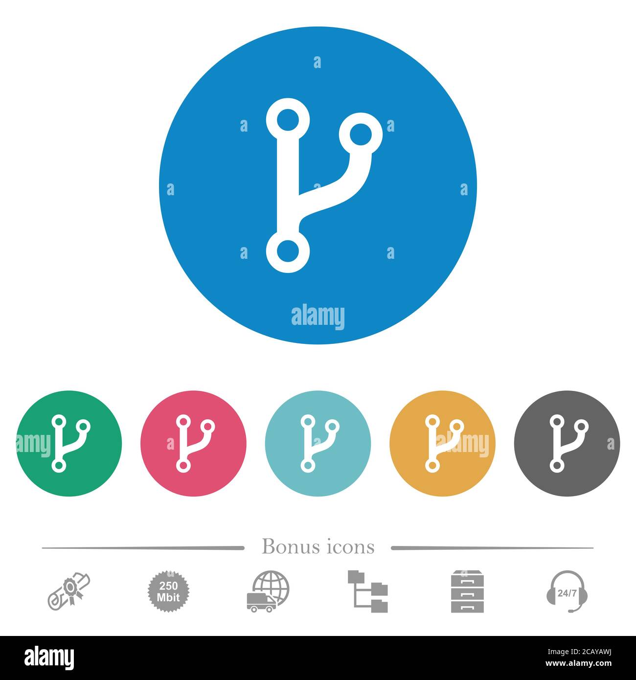 Code fork flat white icons on round color backgrounds. 6 bonus icons ...
