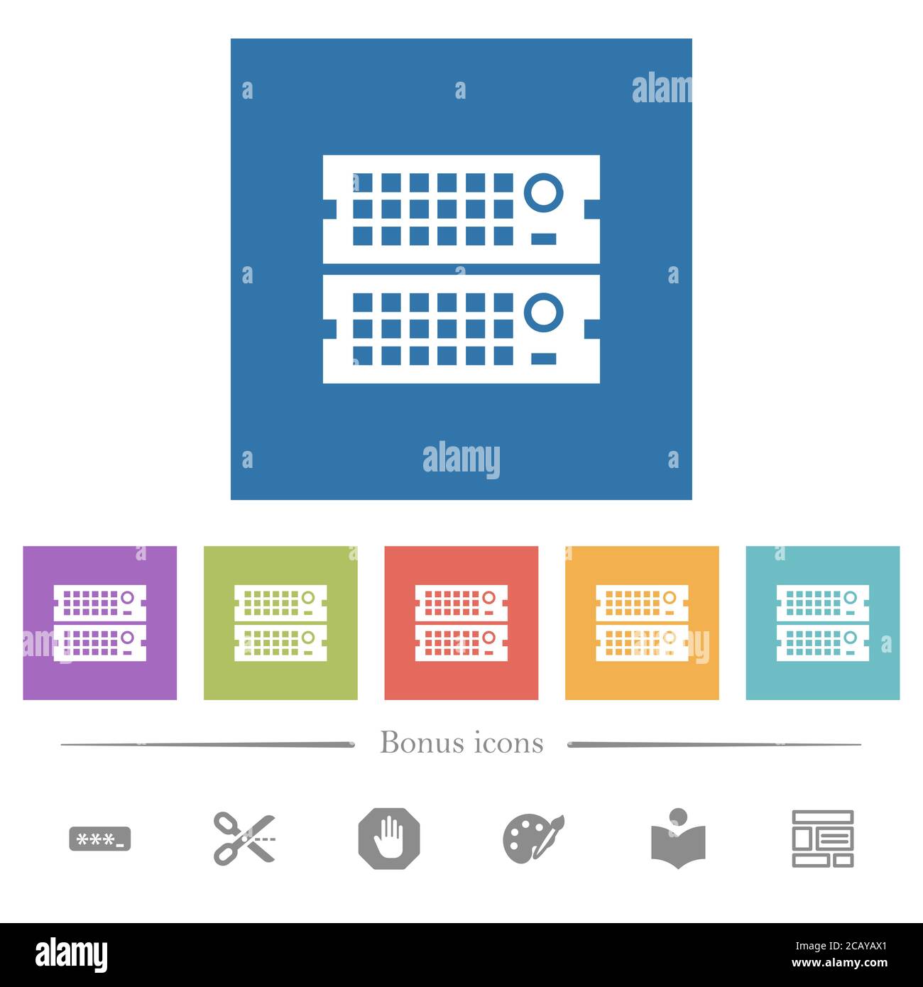 Rack servers flat white icons in square backgrounds. 6 bonus icons ...