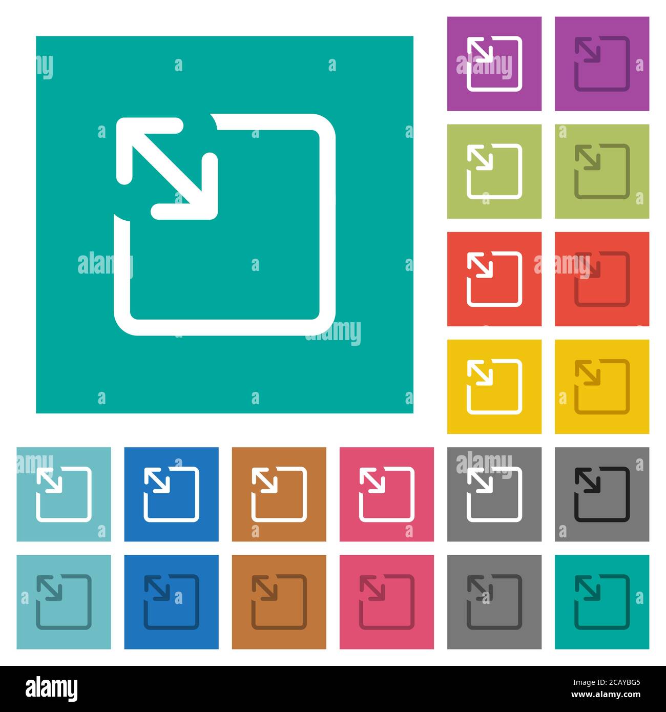 Resize object multi colored flat icons on plain square backgrounds. Included white and darker icon variations for hover or active effects. Stock Vector