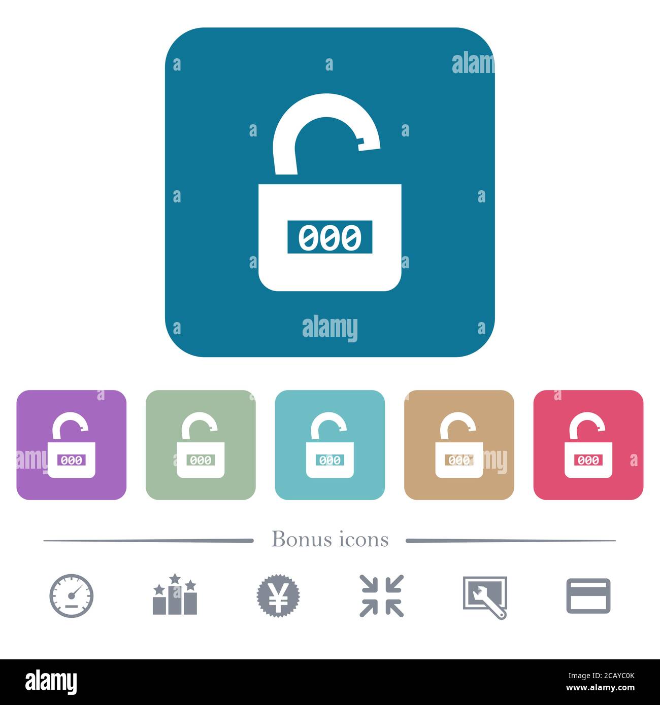 Unlocked combination lock with center numbers white flat icons on color ...