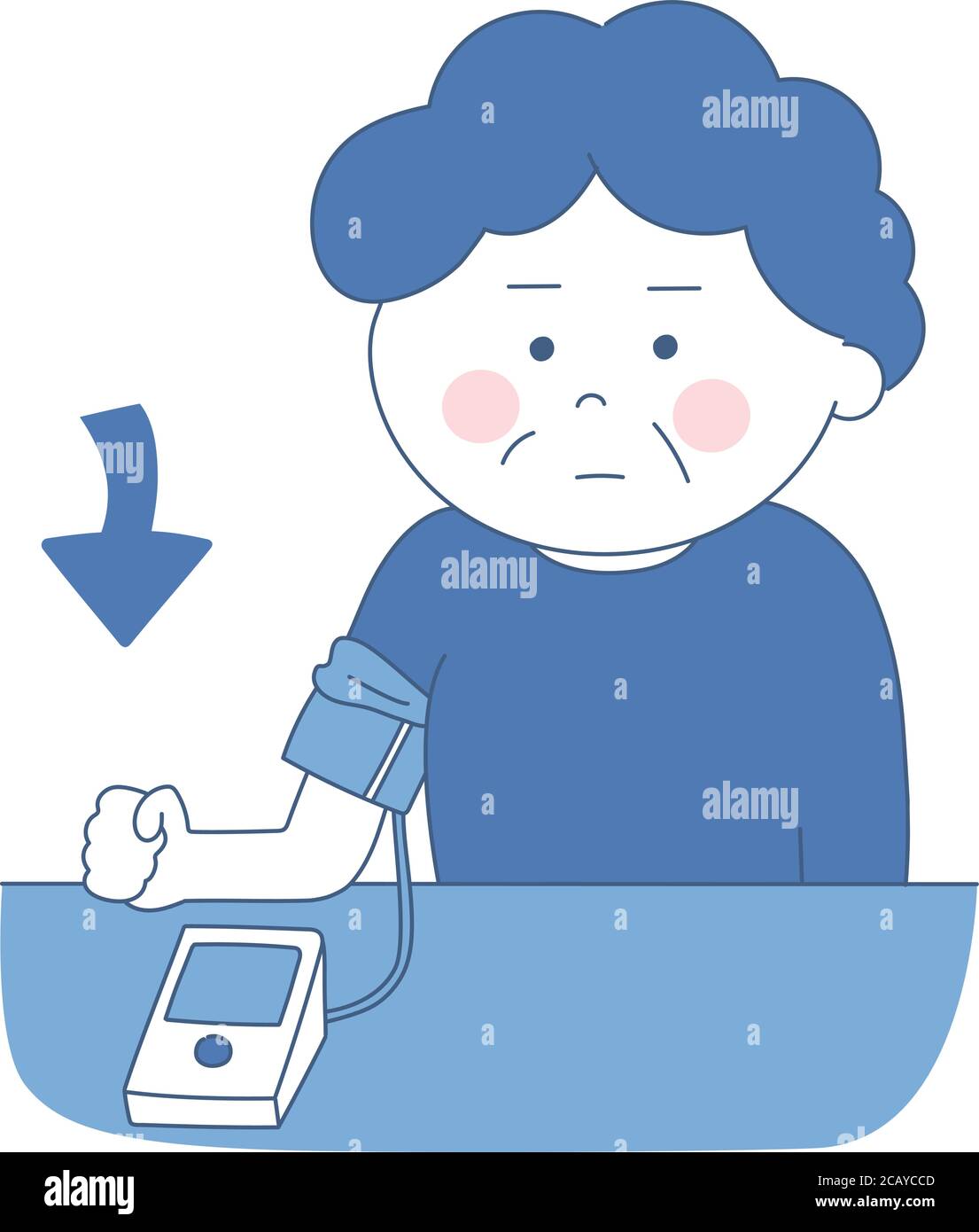 Woman suffer from low blood pressure. Twotone vector illustration
