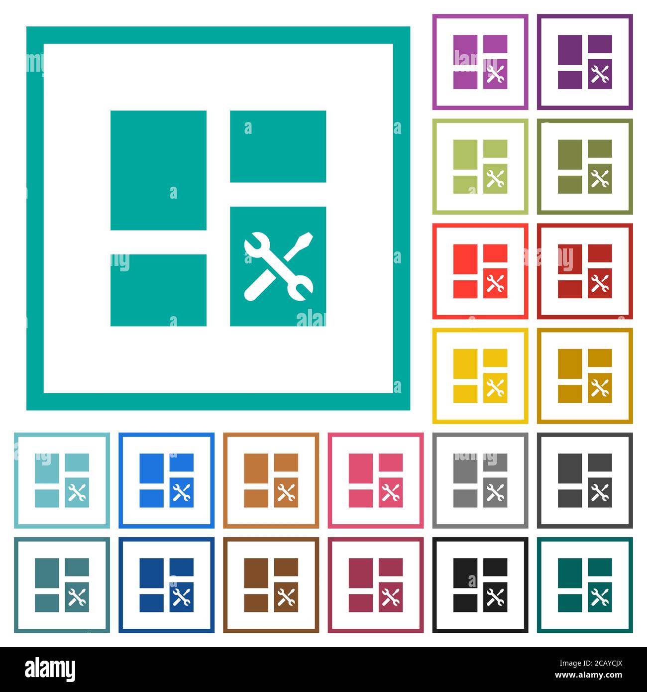 Dashboard tools flat color icons with quadrant frames on white background Stock Vector