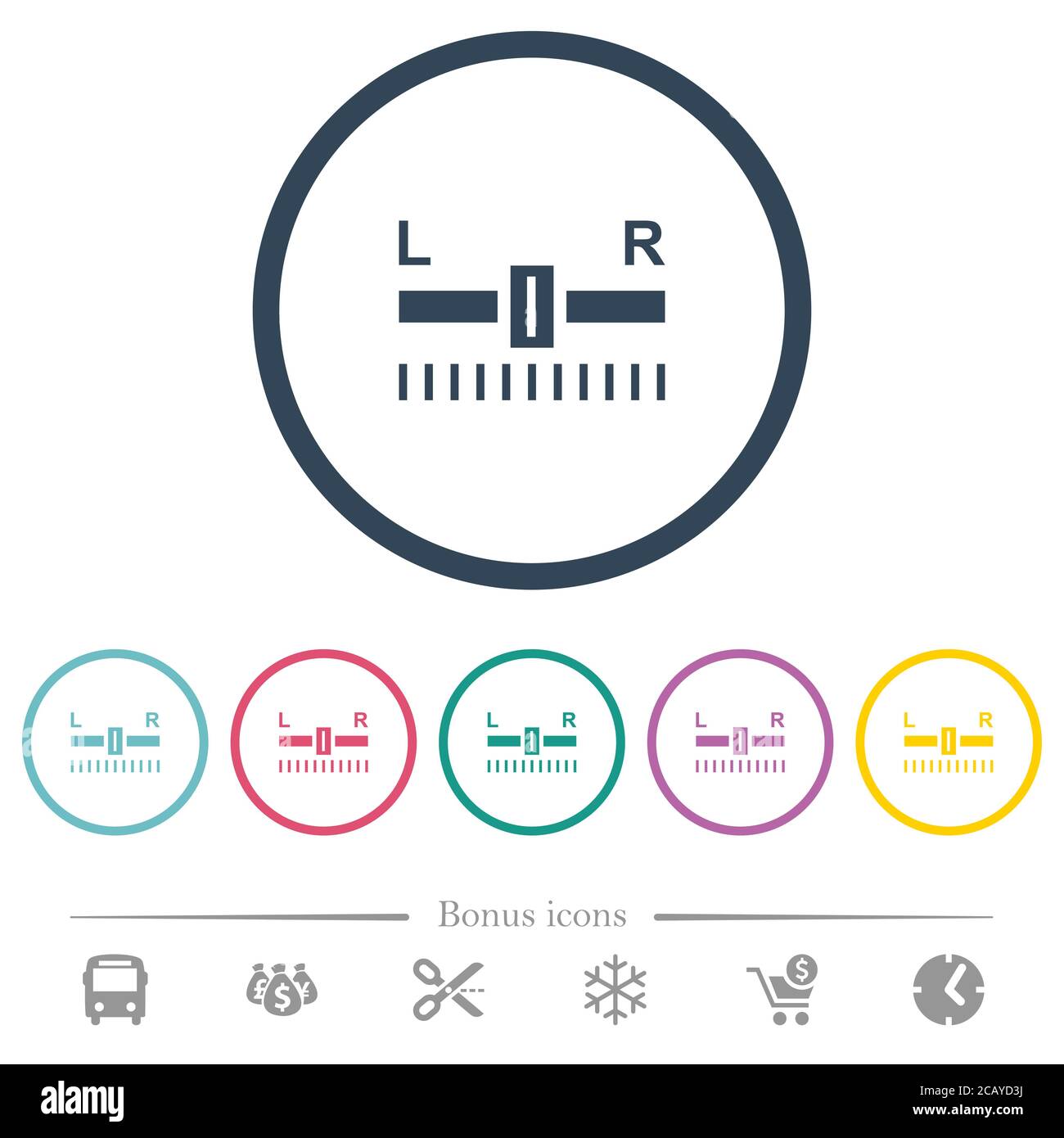 Audio balance control flat color icons in round outlines. 6 bonus icons ...
