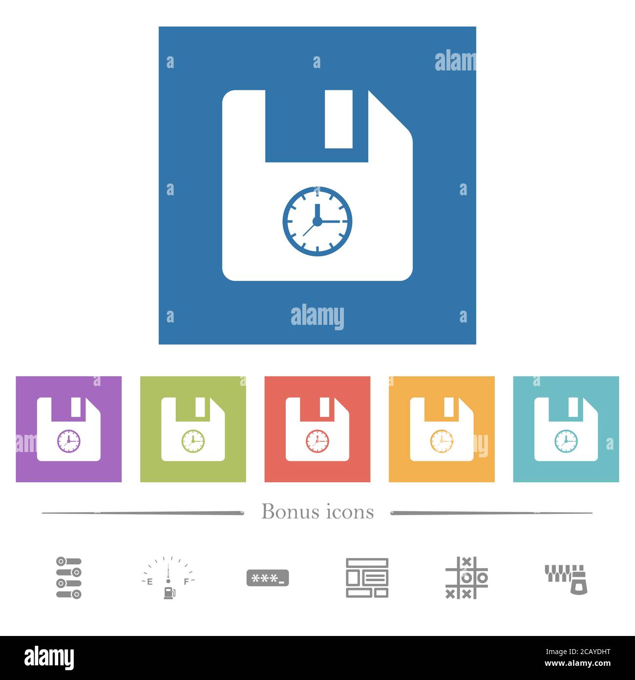 File time flat white icons in square backgrounds. 6 bonus icons ...