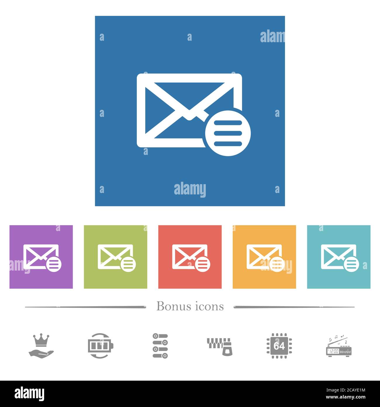 Mail options flat white icons in square backgrounds. 6 bonus icons ...