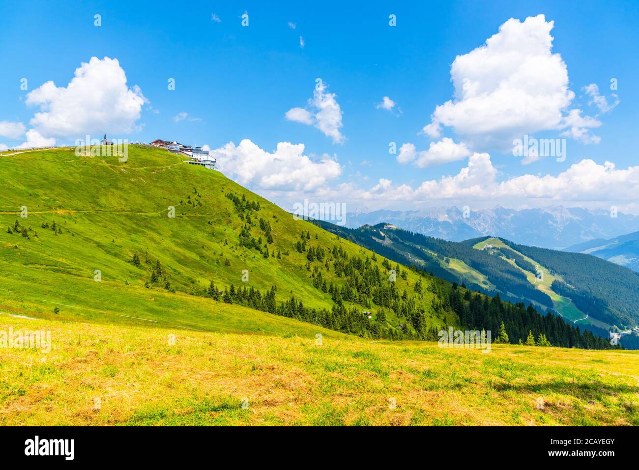 Schmittenhohe - mountain above Lake Zell with beautiful panoramic view. Summer time Alpine hiking. Austria. Stock Photo