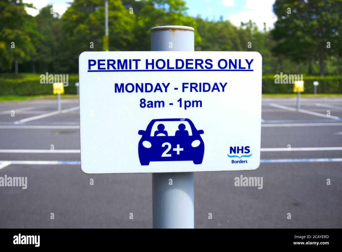 Permit Holders Only sign in the car park of Borders General Hospital near Melrose, Roxburghshire, Scottish Borders, UK. Stock Photo