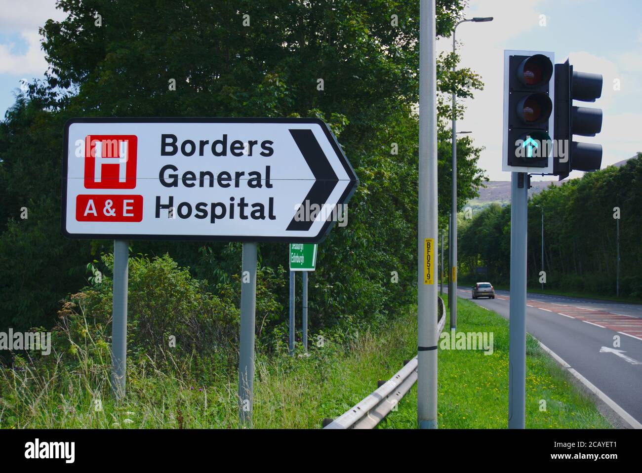 Signpost to Borders General Hospital near Melrose, Scotland, at the junction on the A6091. Stock Photo