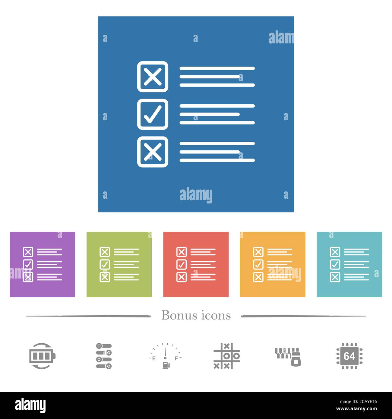 Questionnaire flat white icons in square backgrounds. 6 bonus icons ...