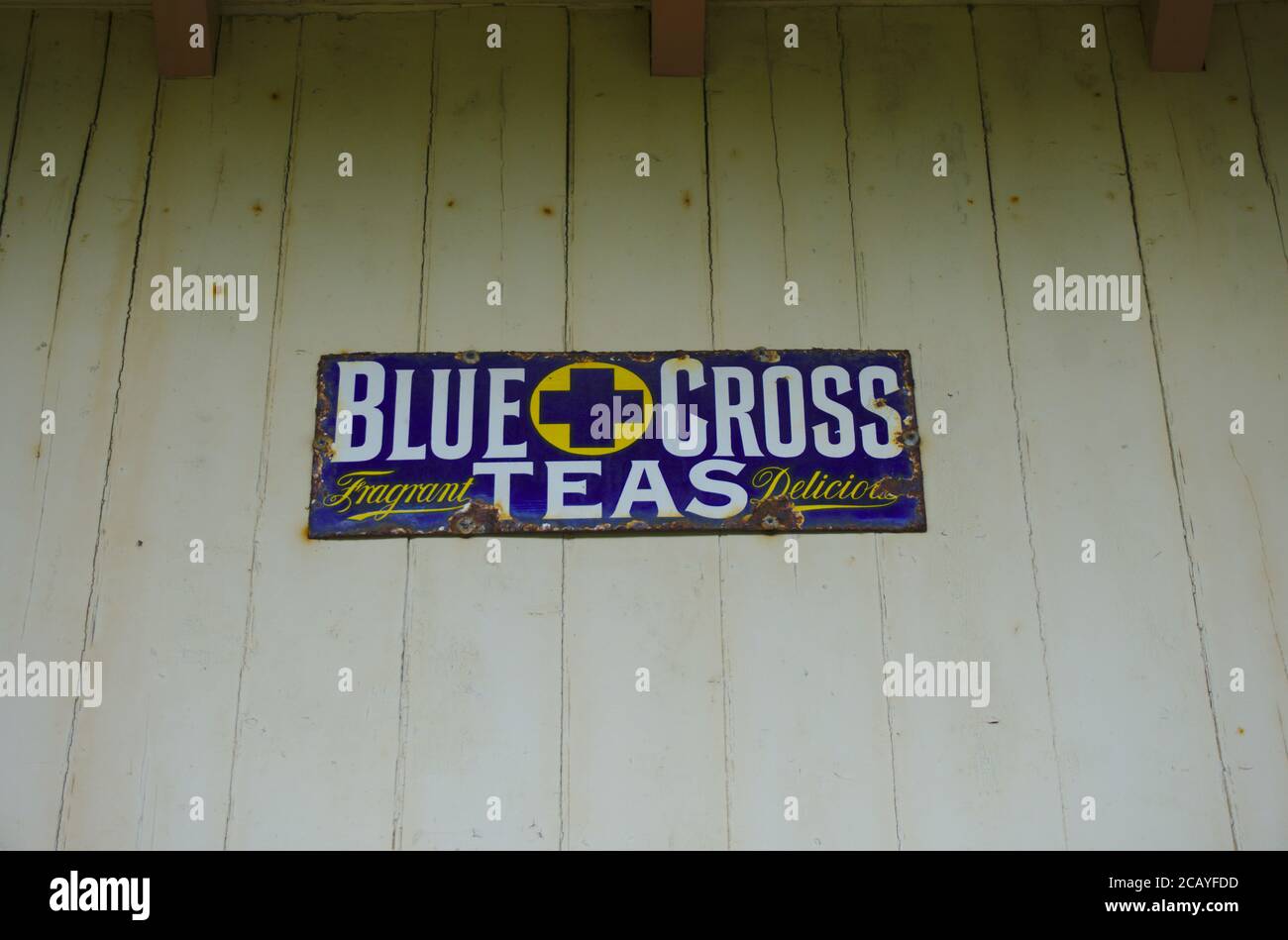Vintage metal advertising plate for 'fragrant, delicious' Blue Cross Teas, Melrose railway station, Roxburghshire, Scottish Borders, UK. Stock Photo
