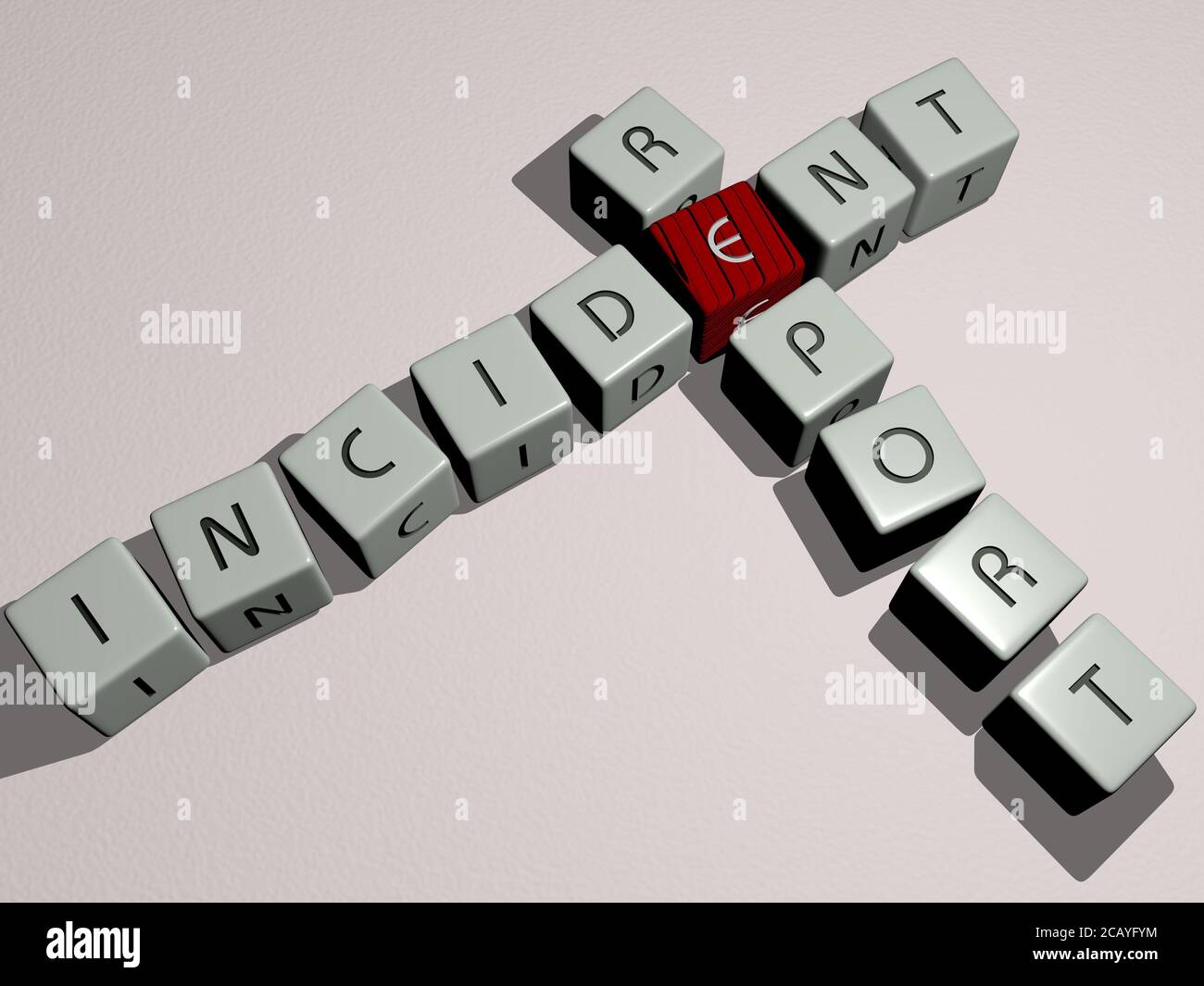 incident report crossword by cubic dice letters. 3D illustration. concept and accident Stock Photo