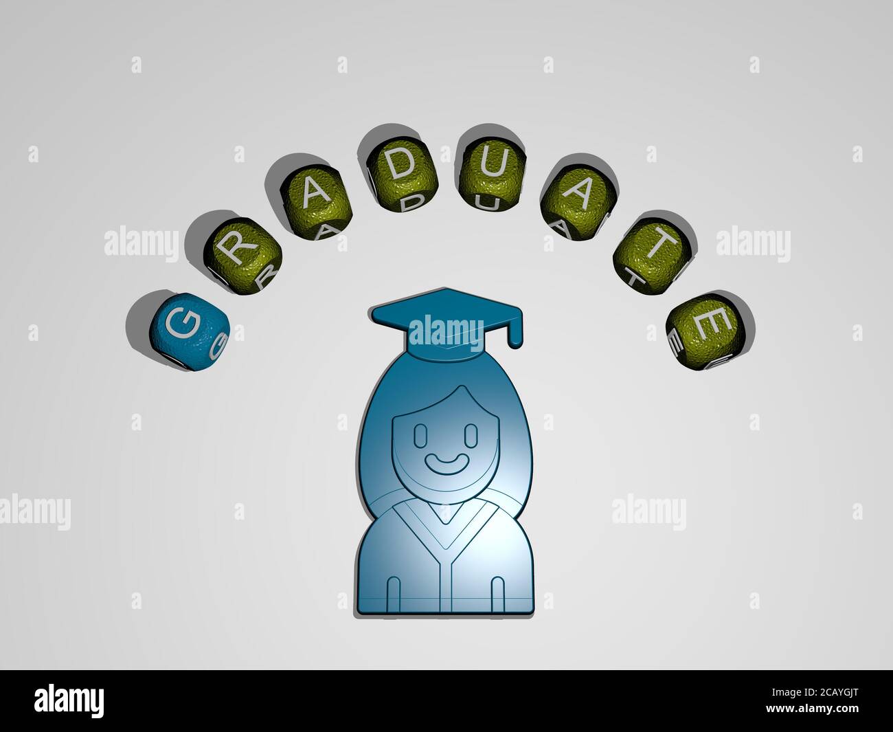 graduate icon surrounded by the text of individual letters. 3D illustration. education and graduation Stock Photo