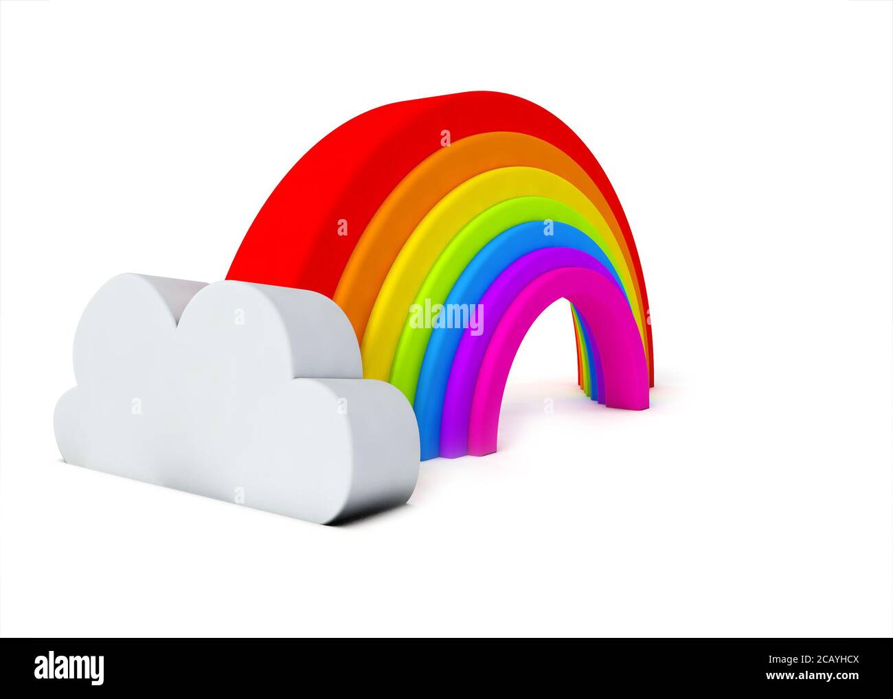 3D RENDER ILLUSTRATION OF A RAINBOW ON A WHITE BACKGROUND WITH CLOUDS Stock Photo