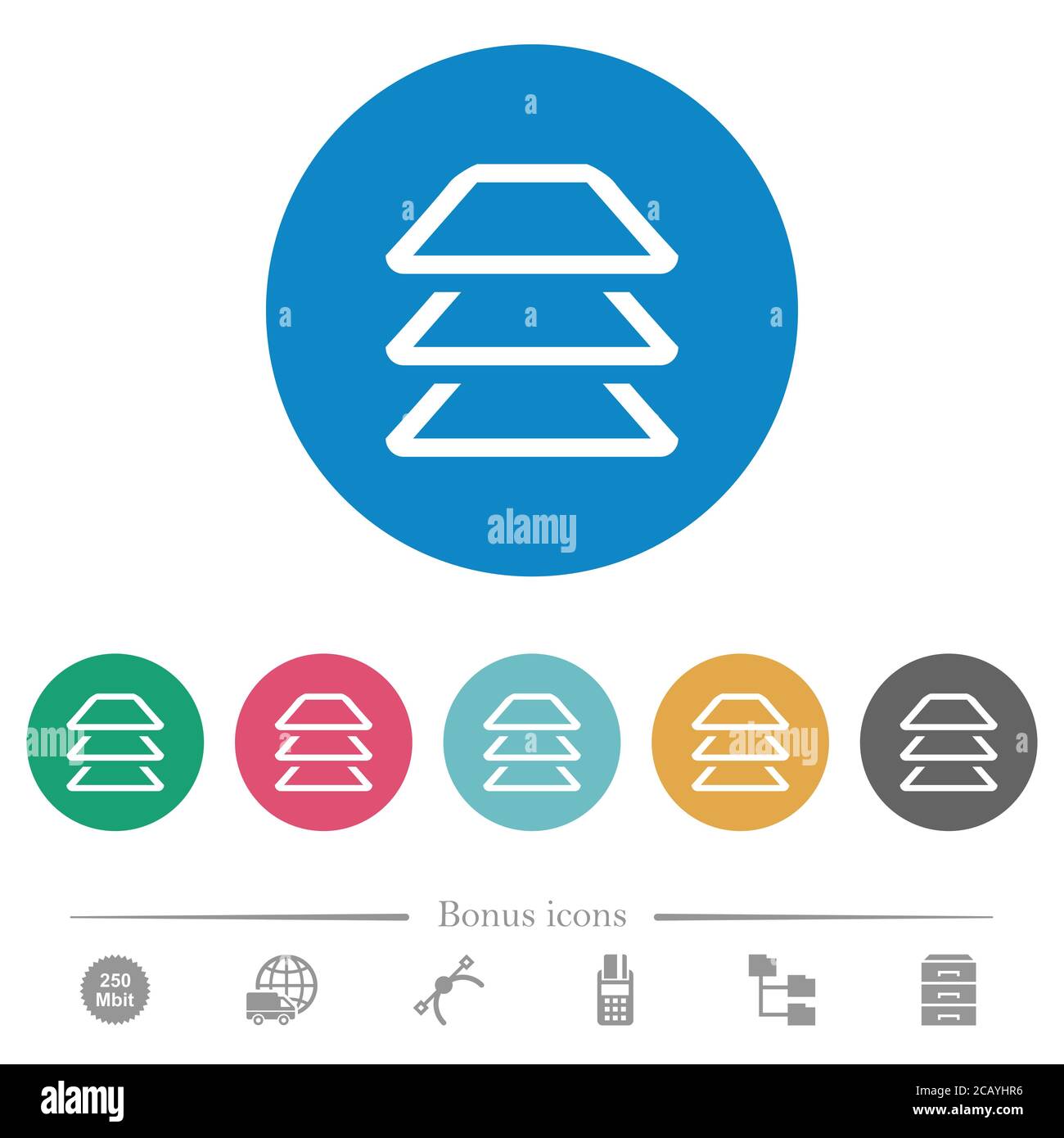 Multiple layers flat white icons on round color backgrounds. 6 bonus ...