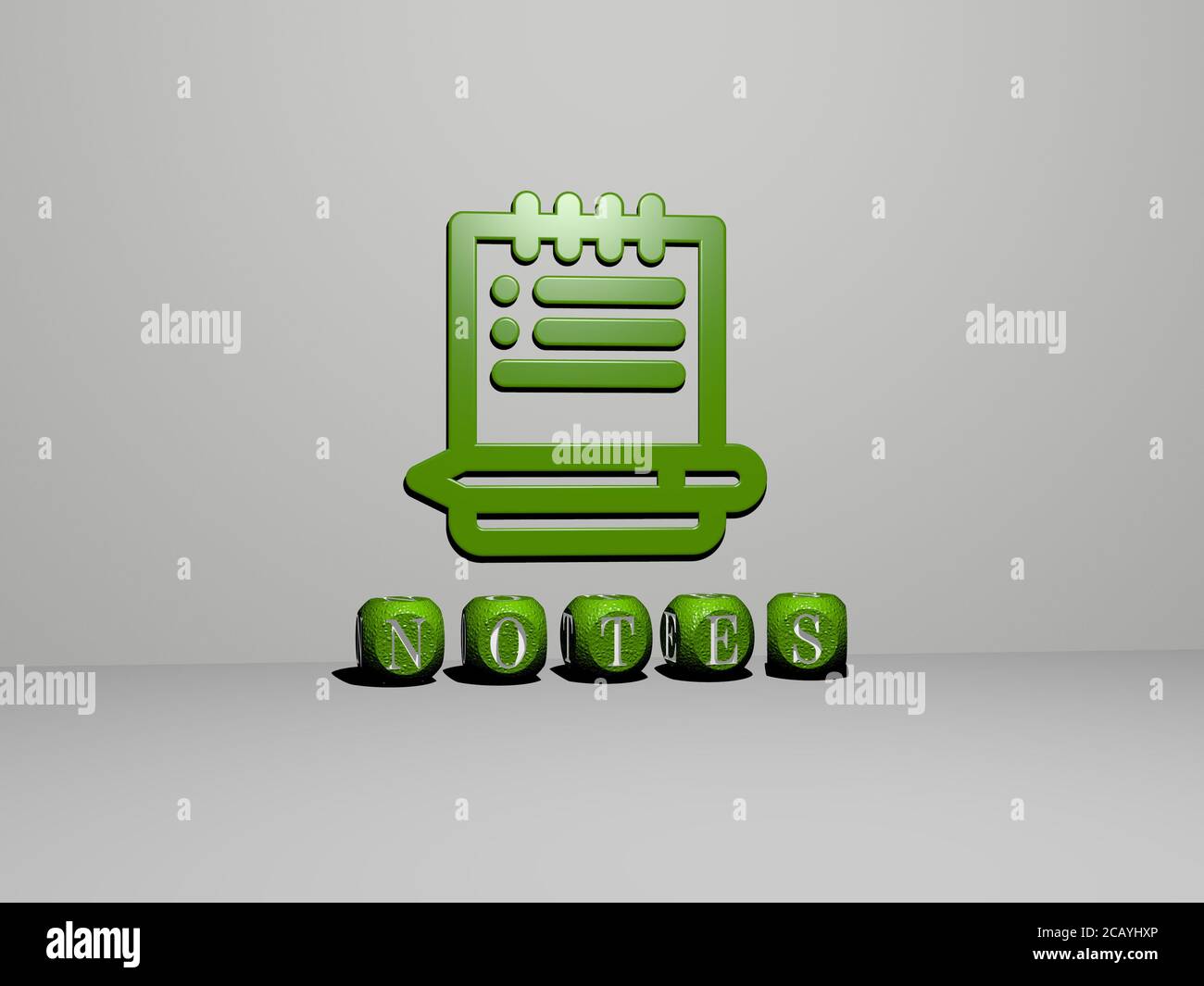 notes 3D icon on the wall and text of cubic alphabets on the floor. 3D ...