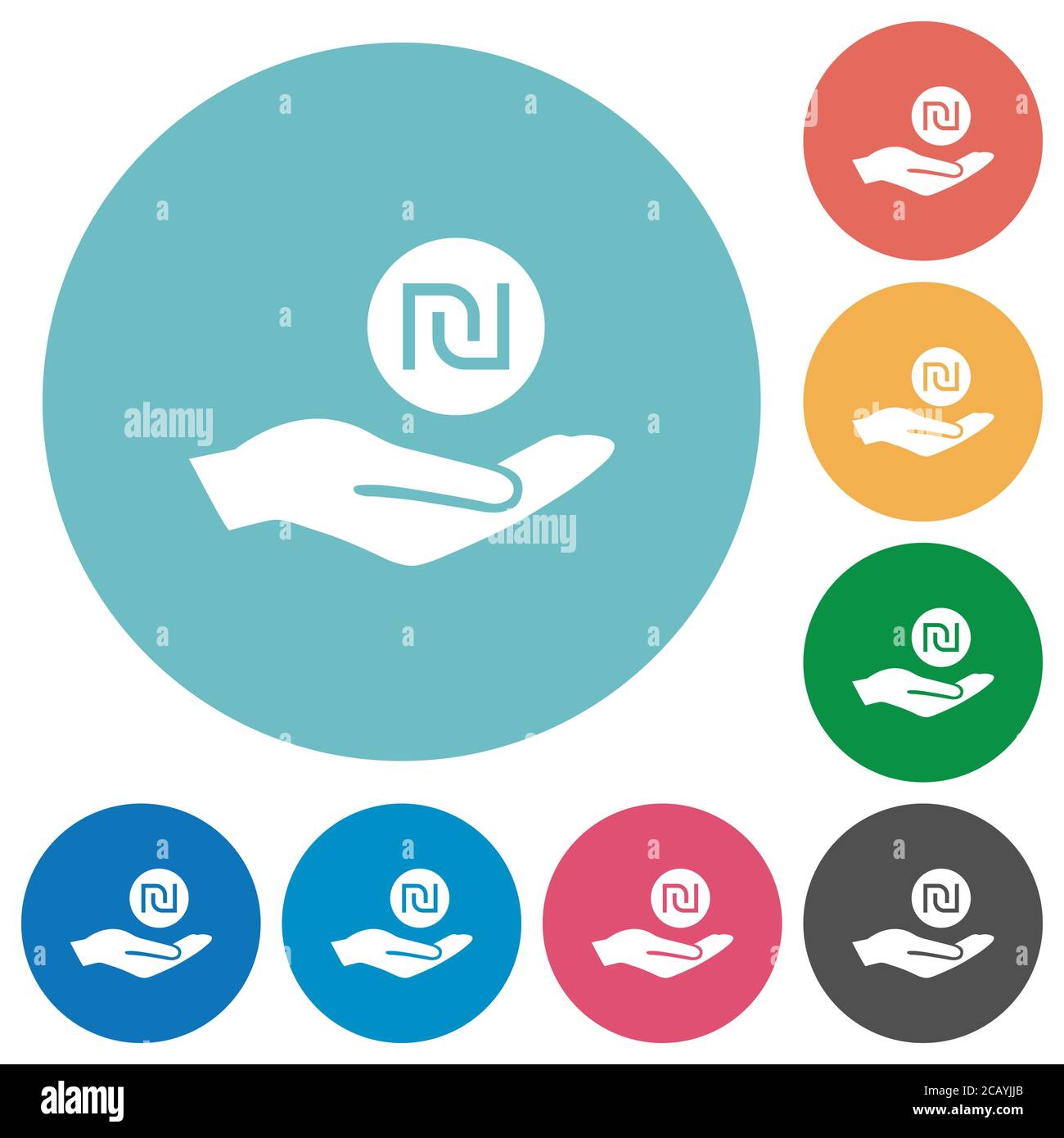 Israeli new Shekel earnings flat white icons on round color backgrounds ...