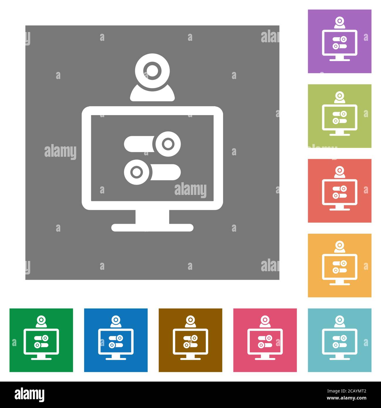 Webcam tweaking flat icons on simple color square backgrounds Stock Vector