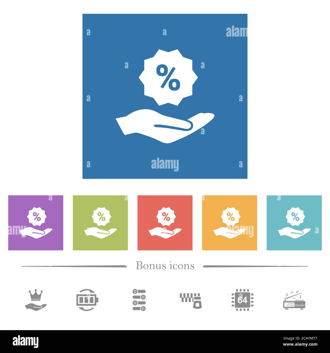 Discount services flat white icons in square backgrounds. 6 bonus icons ...
