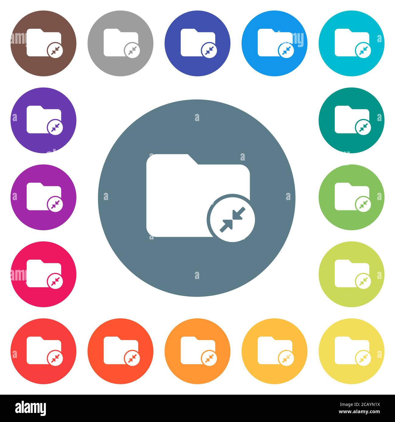Compress directory flat white icons on round color backgrounds. 17 ...