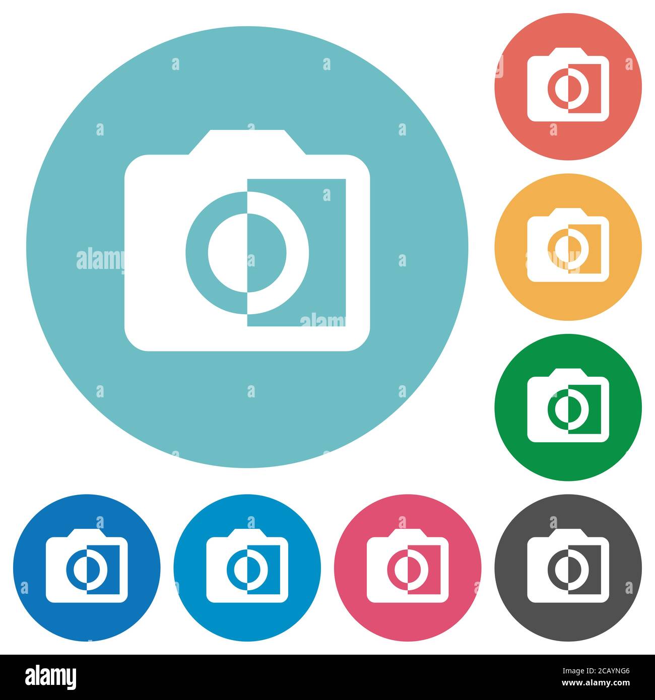 Monochrome photos flat white icons on round color backgrounds Stock ...