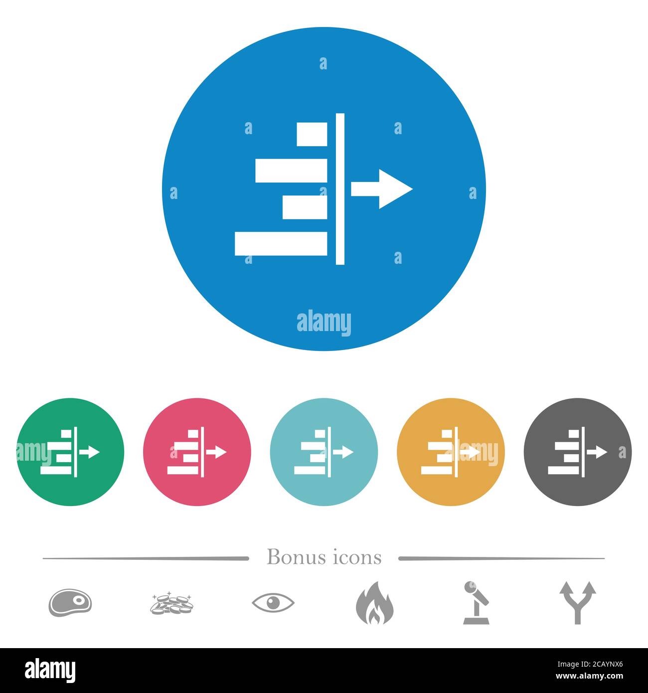 Decrease right indentation of content flat white icons on round color backgrounds. 6 bonus icons included. Stock Vector