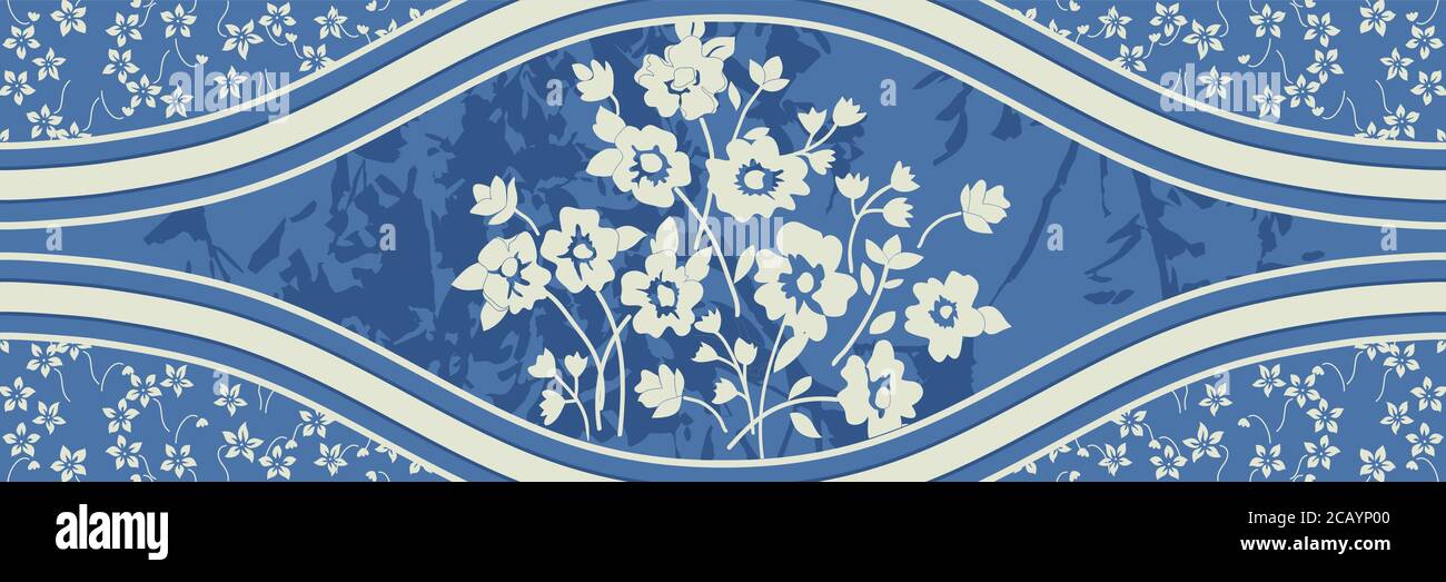 Majolica pottery tile, blue and white azulejo, original traditional Portuguese and Spain decor. Seamless border with Victorian motives. Stock Vector