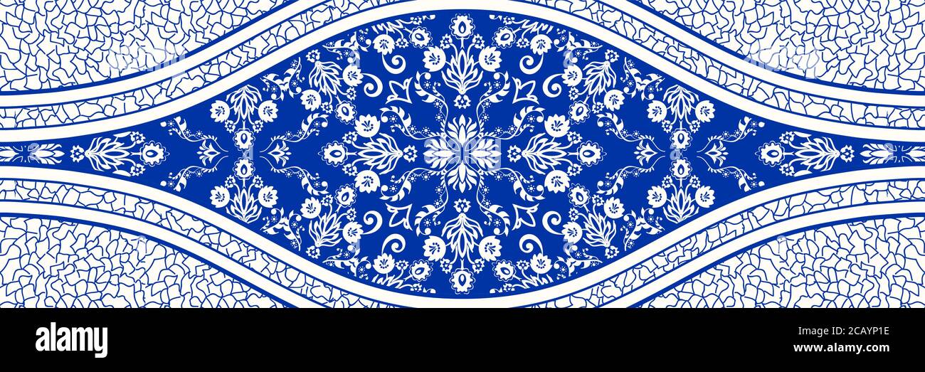 Majolica pottery tile, blue and white azulejo, original traditional Portuguese and Spain decor. Seamless border with Victorian motives. Stock Vector