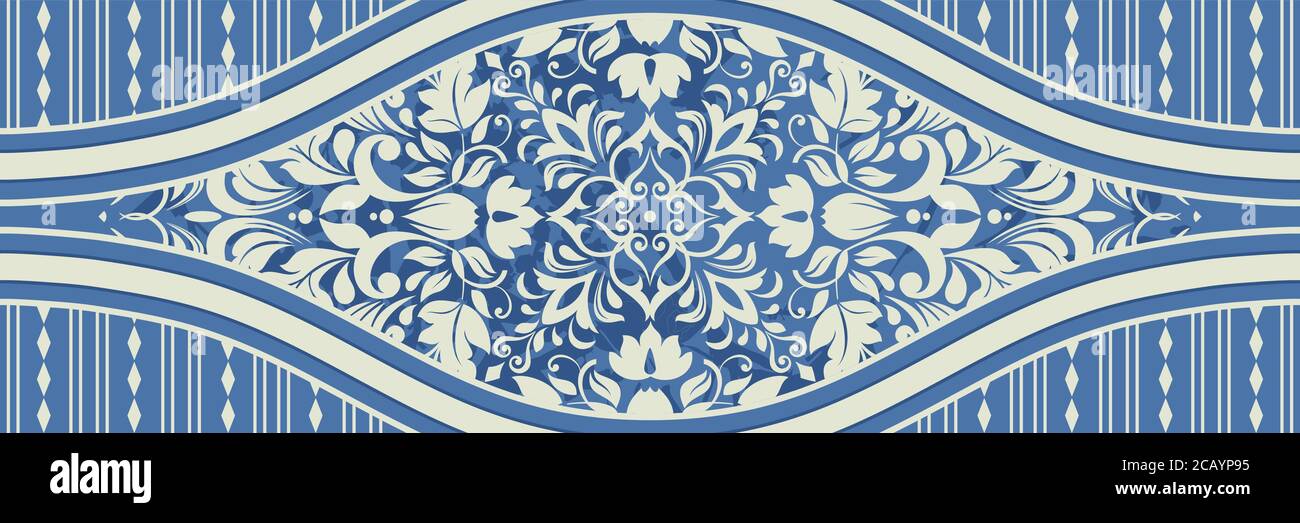 Majolica pottery tile, blue and white azulejo, original traditional Portuguese and Spain decor. Seamless border with Victorian motives. Stock Vector