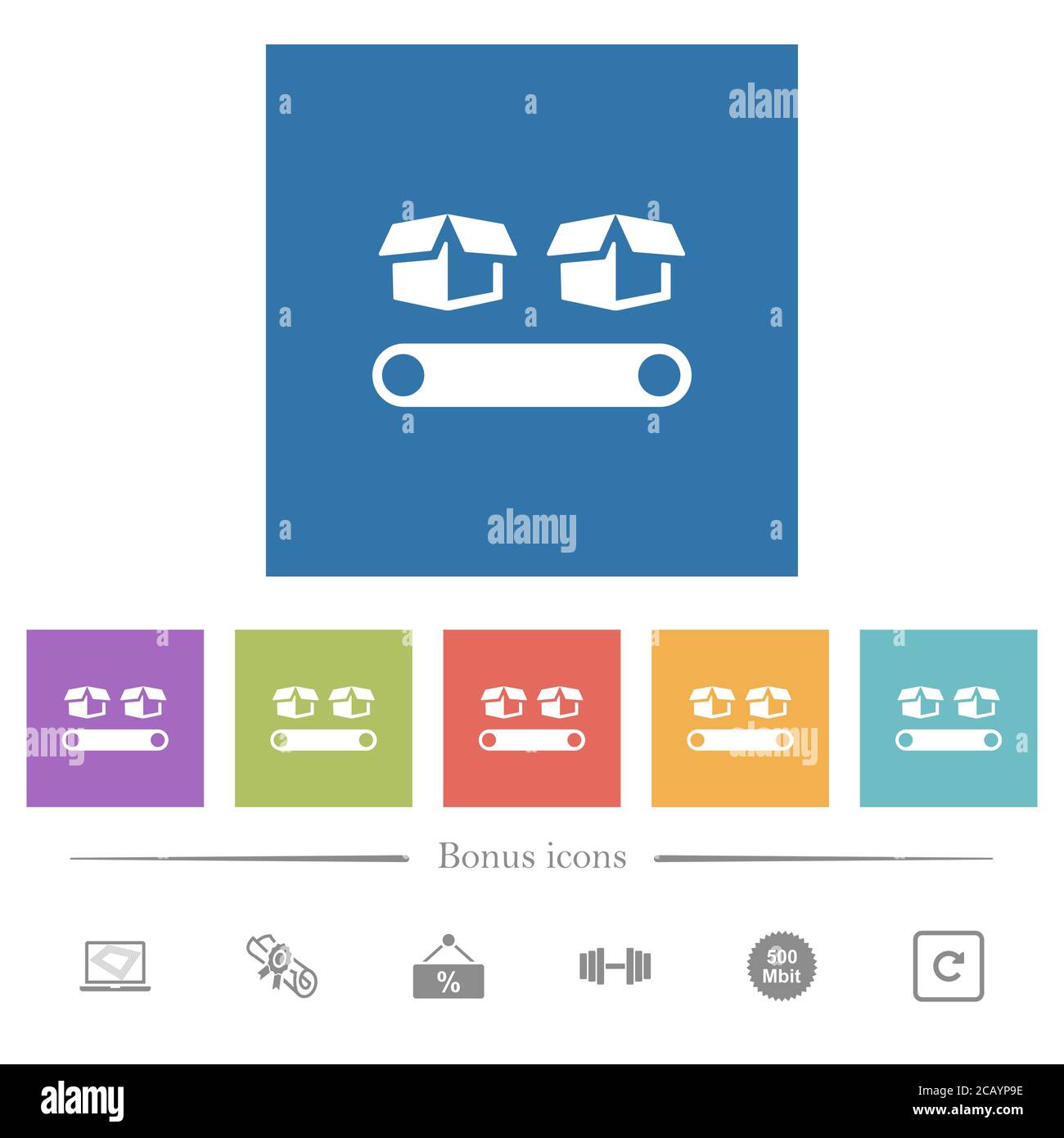 Conveyor with boxes flat white icons in square backgrounds. 6 bonus ...