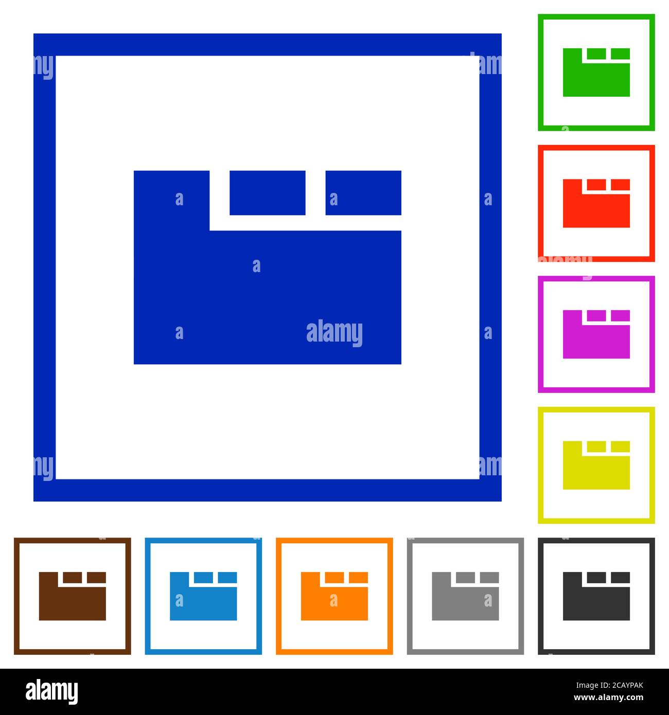 Horizontal tabbed layout active flat color icons in square frames on white background Stock Vector