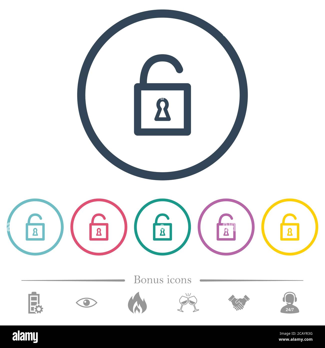 Unlocked padlock with keyhole flat color icons in round outlines. 6 ...
