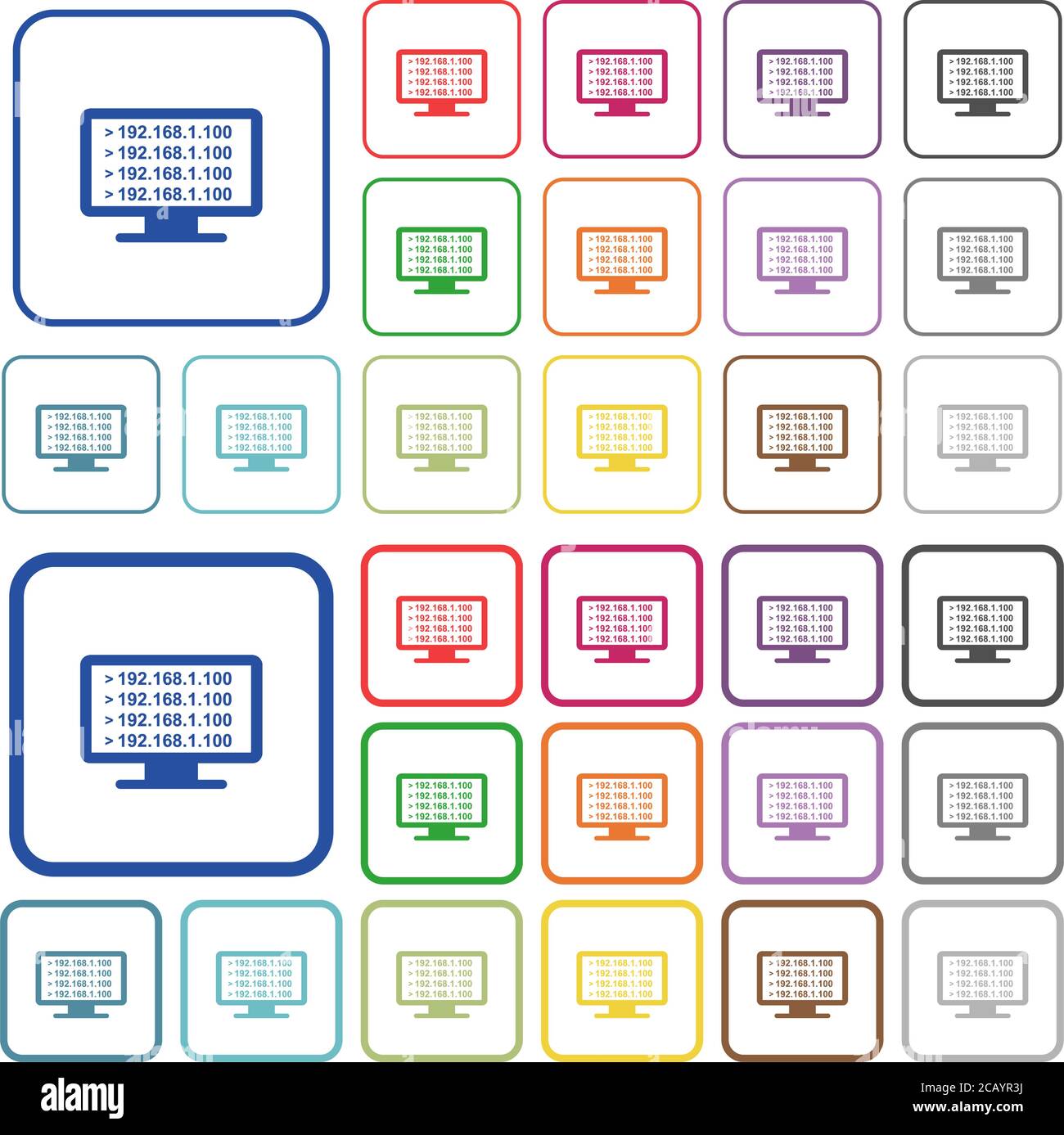 Ping remote computer color flat icons in rounded square frames. Thin and thick versions included. Stock Vector