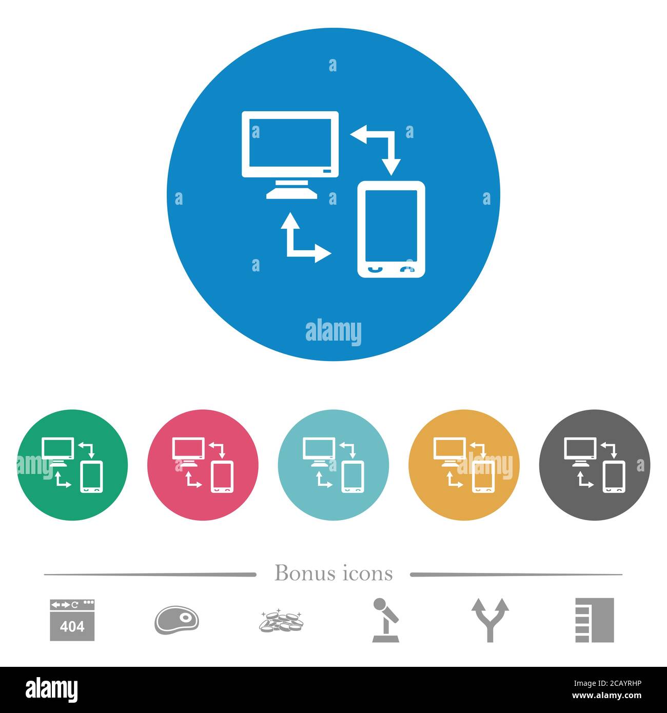 Syncronize mobile with computer flat white icons on round color ...