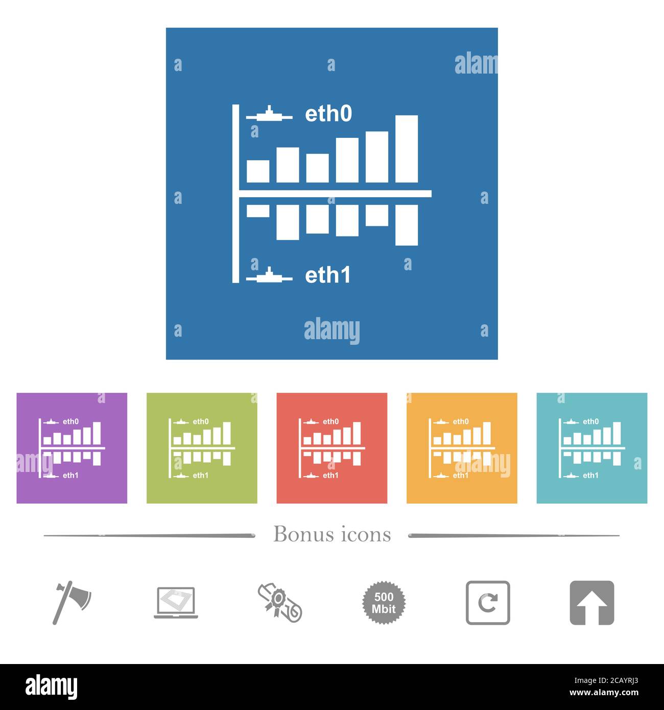 Network statistics flat white icons in square backgrounds. 6 bonus ...