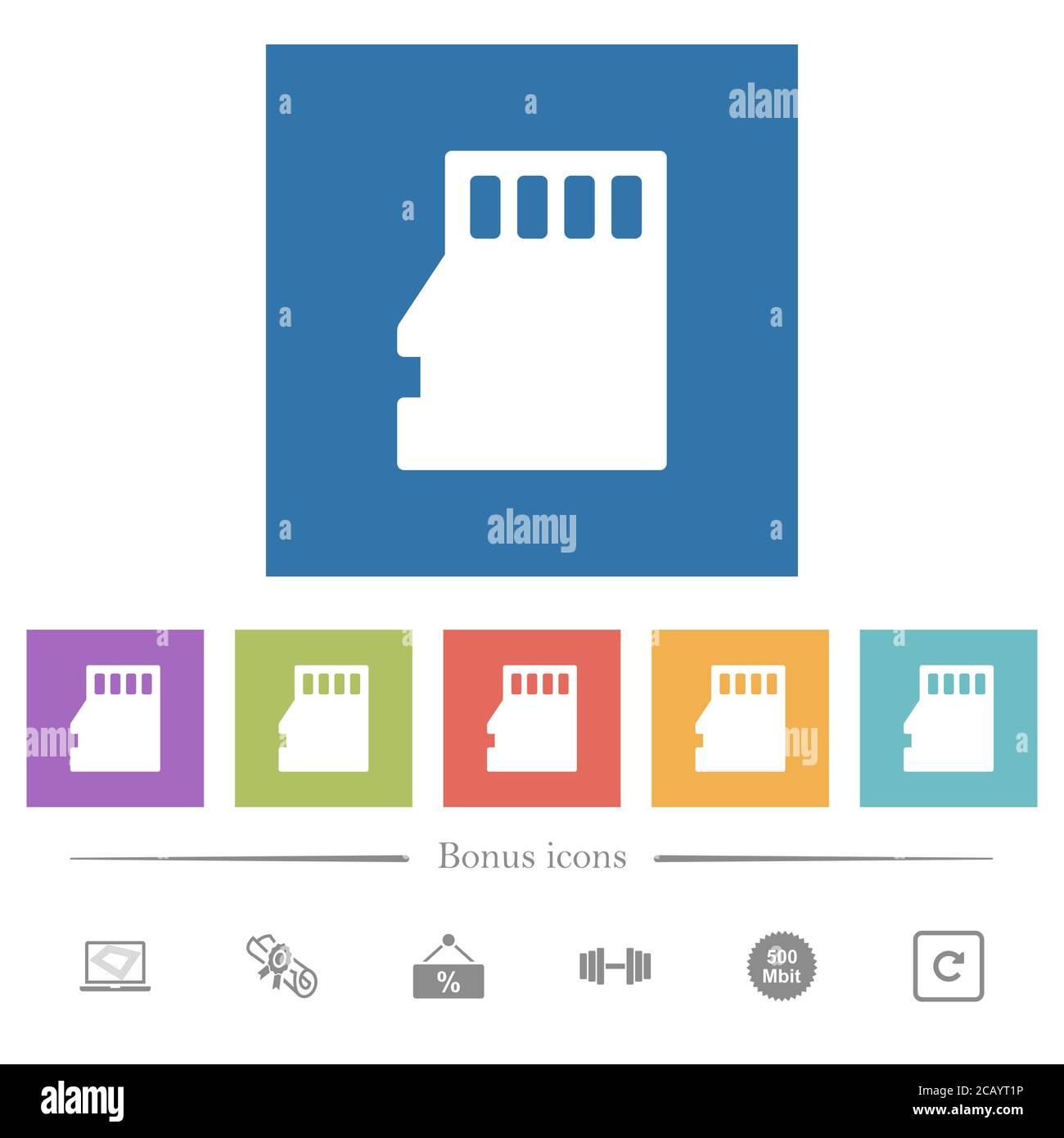 Micro SD memory card flat white icons in square backgrounds. 6 bonus ...