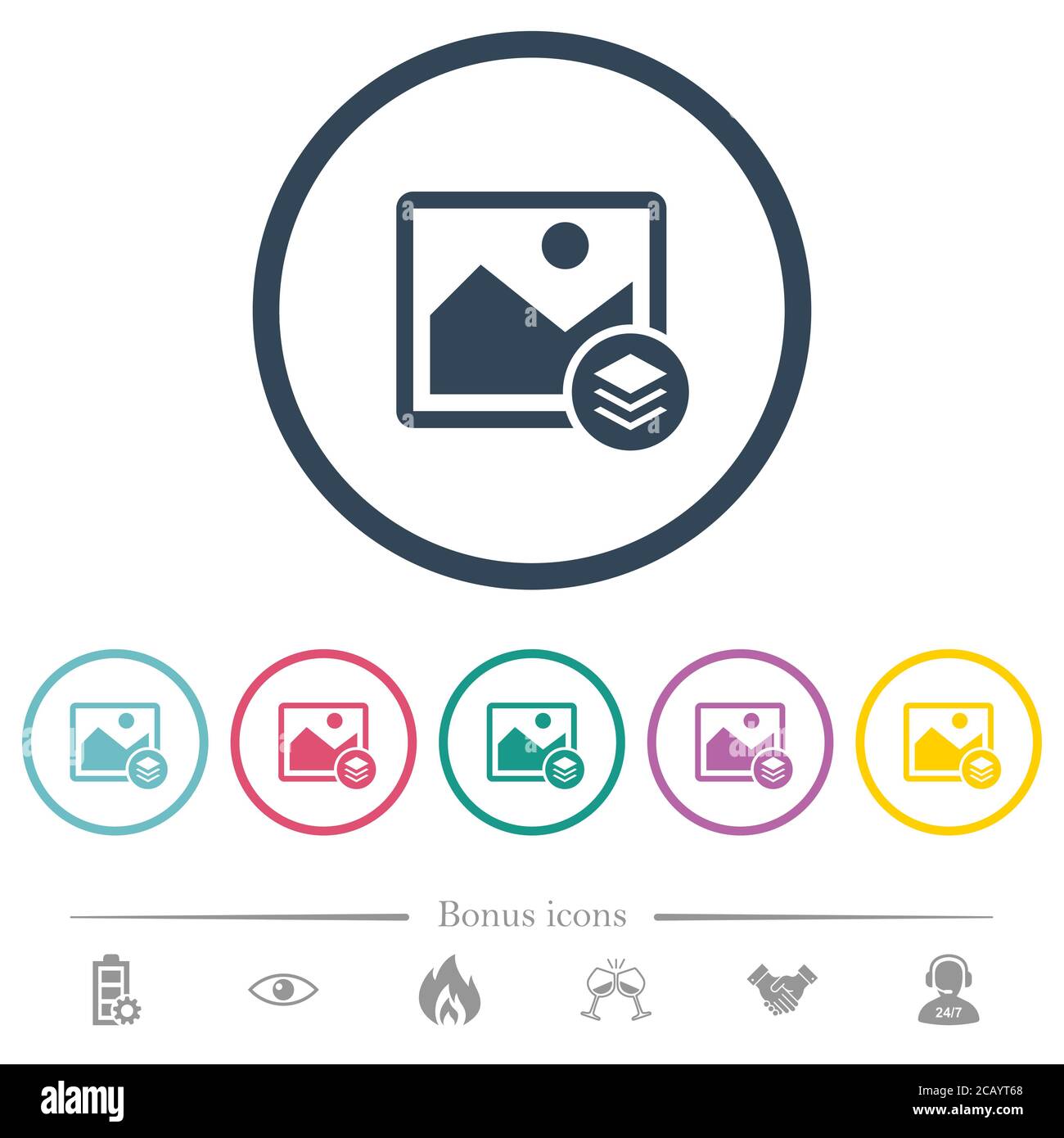 Image layers flat color icons in round outlines. 6 bonus icons included ...